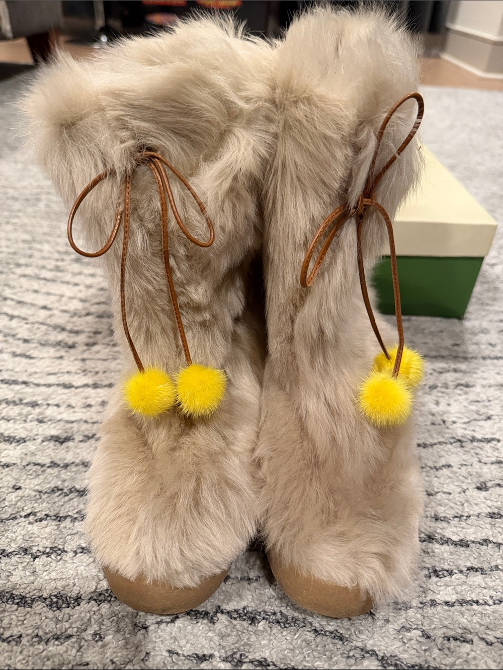 kate spade Beige Faux-Fur Ankle Boots with Yellow Pom-Poms size 7